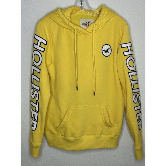 Vintage Y2K Hollister Hoodie Mens Medium Yellow Thick Fleece Lined Spell Out - Picture 1 of 14
